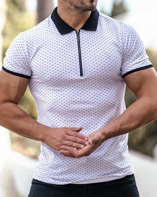 Black and White Printed Zip Polo Shirt