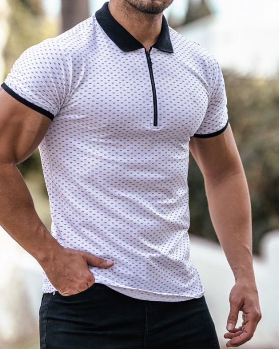 Black and White Printed Zip Polo Shirt