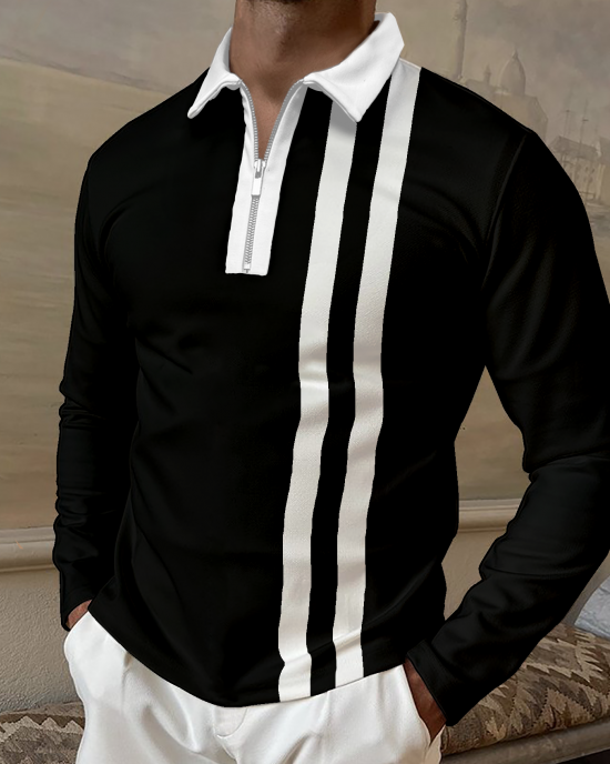 Parallel Bar Stripe Long Sleeve Polo Shirt