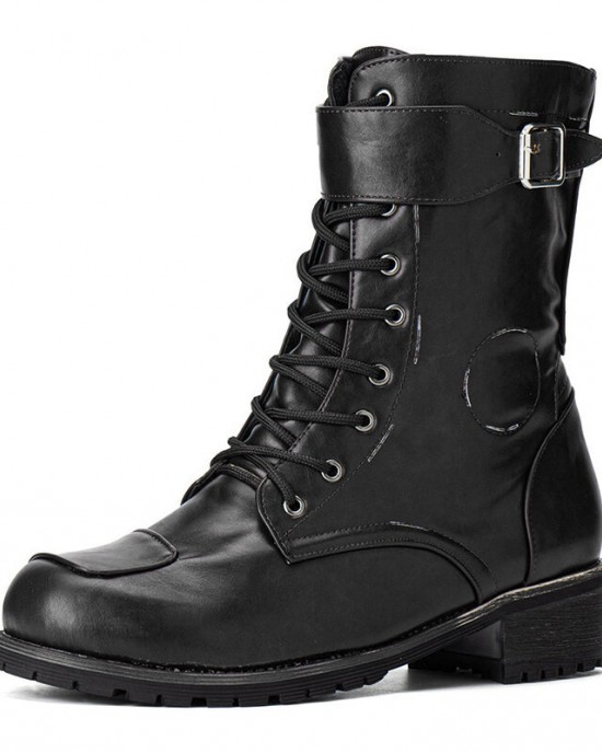 Men PU Non Slip Side Zipper Lace Up Retro Casual Boots