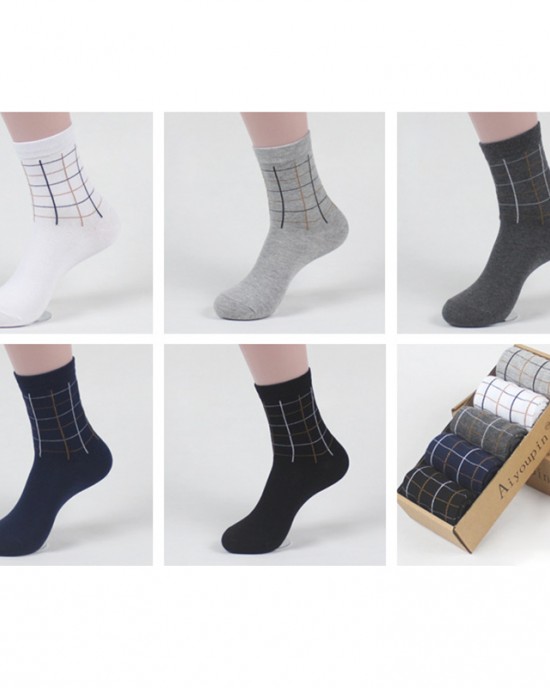 5 Pairs Plaid Men Combed Cotton Breathable Low Cut No Show Athletic Socks Non Slip Sock